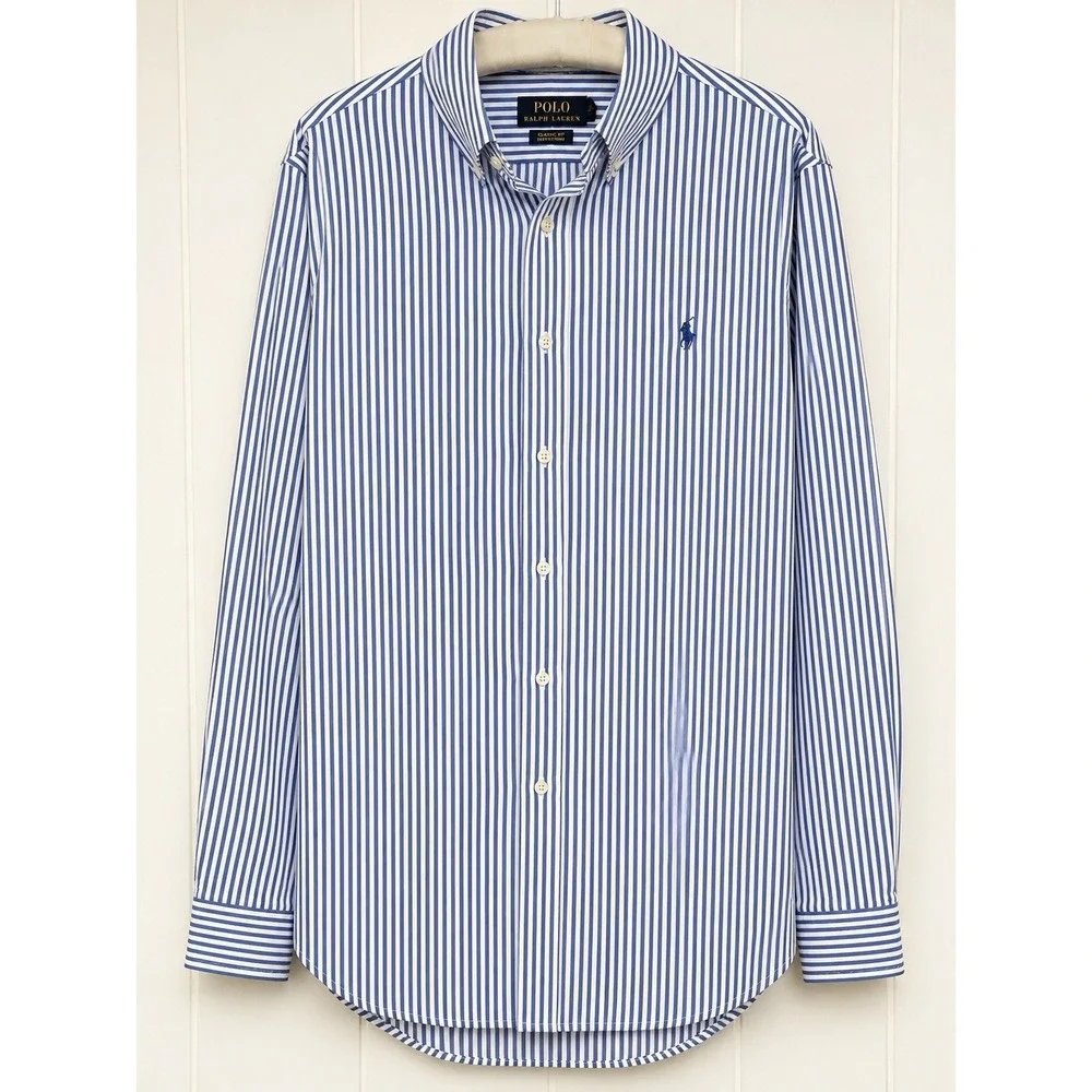 Polo Ralph Lauren Shirt Mens 2XL Blue Stripe Classic Fit Performance Long Sleeve